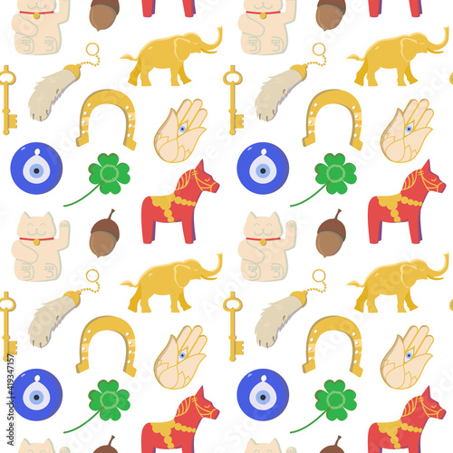 Vector graphics in flat style set of good luck symbols seamless pattern isolated on white background.Golden horseshoe,maneki,acorn,clover,hand of Fatima,golden key,golden elephant,rabbit's foot,Nazar