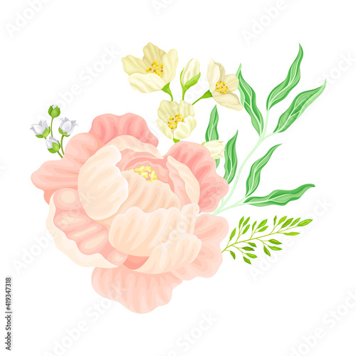 Floral Bouquet of Peony and Garden Flowers Vector Illustration