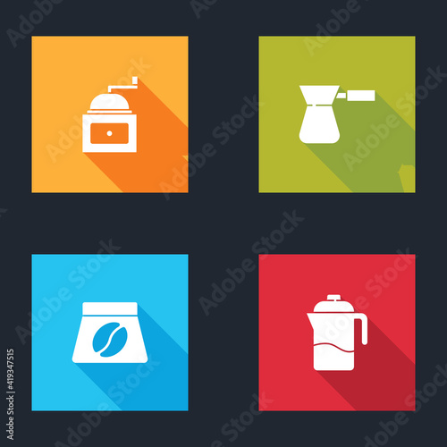 Set Manual coffee grinder, Coffee turk, Bag beans and French press icon. Vector.