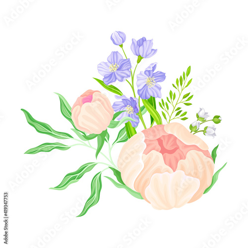 Peony Head with Garden Flowers and Twig Vector Illustration
