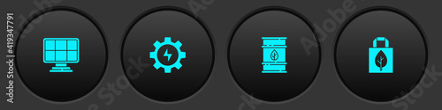 Set Solar energy panel, Gear and lightning, Bio fuel barrel and Shopping bag with recycle icon. Vector.
