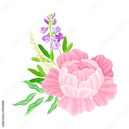 Purple Lush Peony Flower Arranged with Garden Flora Vector Illustration