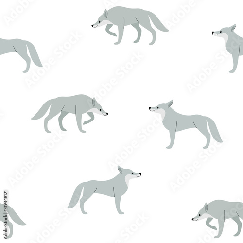 Simple seamless trendy animal pattern with wolf  in different poses. Cartoon vector print.