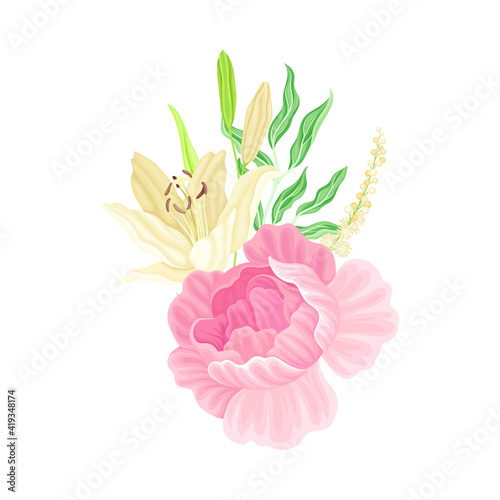 Purple Lush Peony Flower Arranged with Garden Flora Vector Illustration