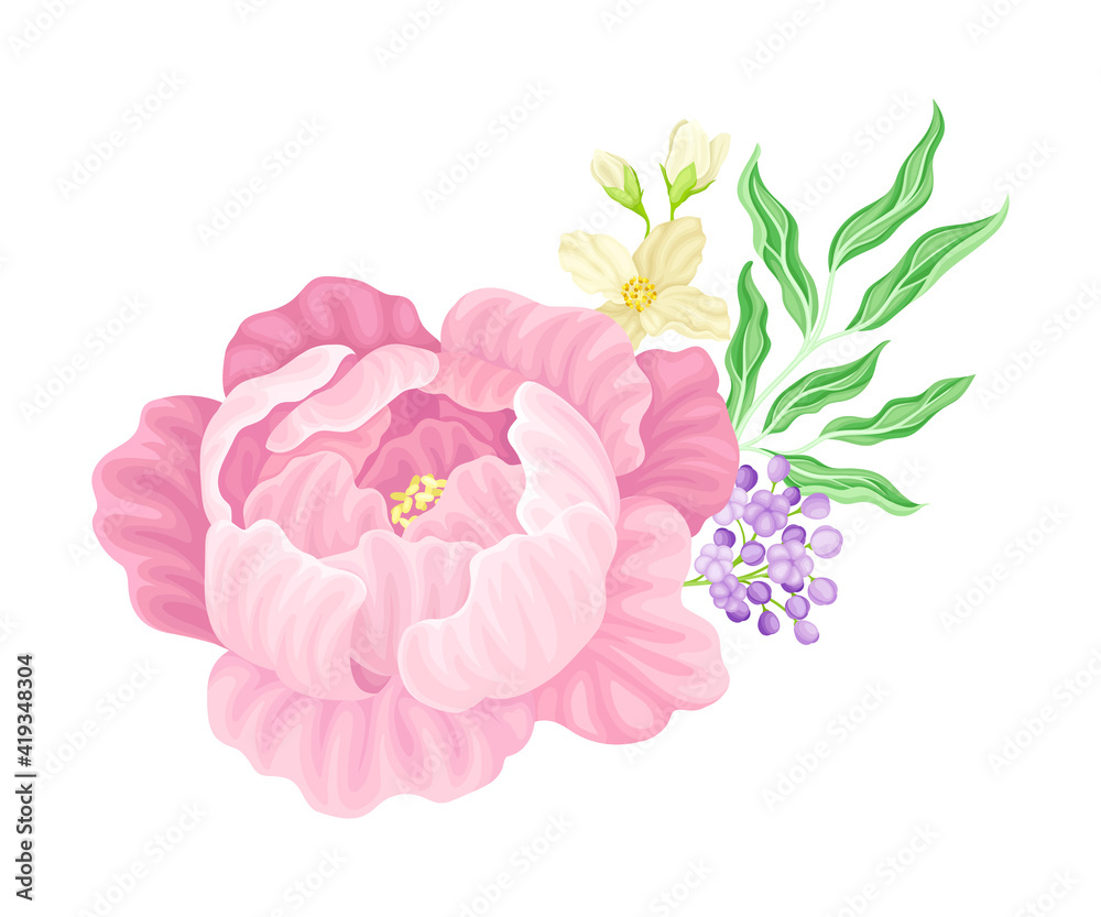 Large Purple Peony Flower Arranged with Garden Flora Vector Illustration