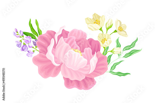 Large Purple Peony Flower Arranged with Garden Flora Vector Illustration