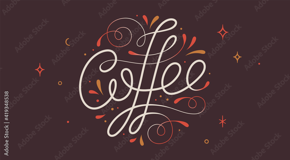 Coffee. Hand-drawn lettering text Coffee on dark background. Vintage drawing lettering, typography, calligraphy. Print for coffee and drink menu, cafe, restaurant. Vector Illustration