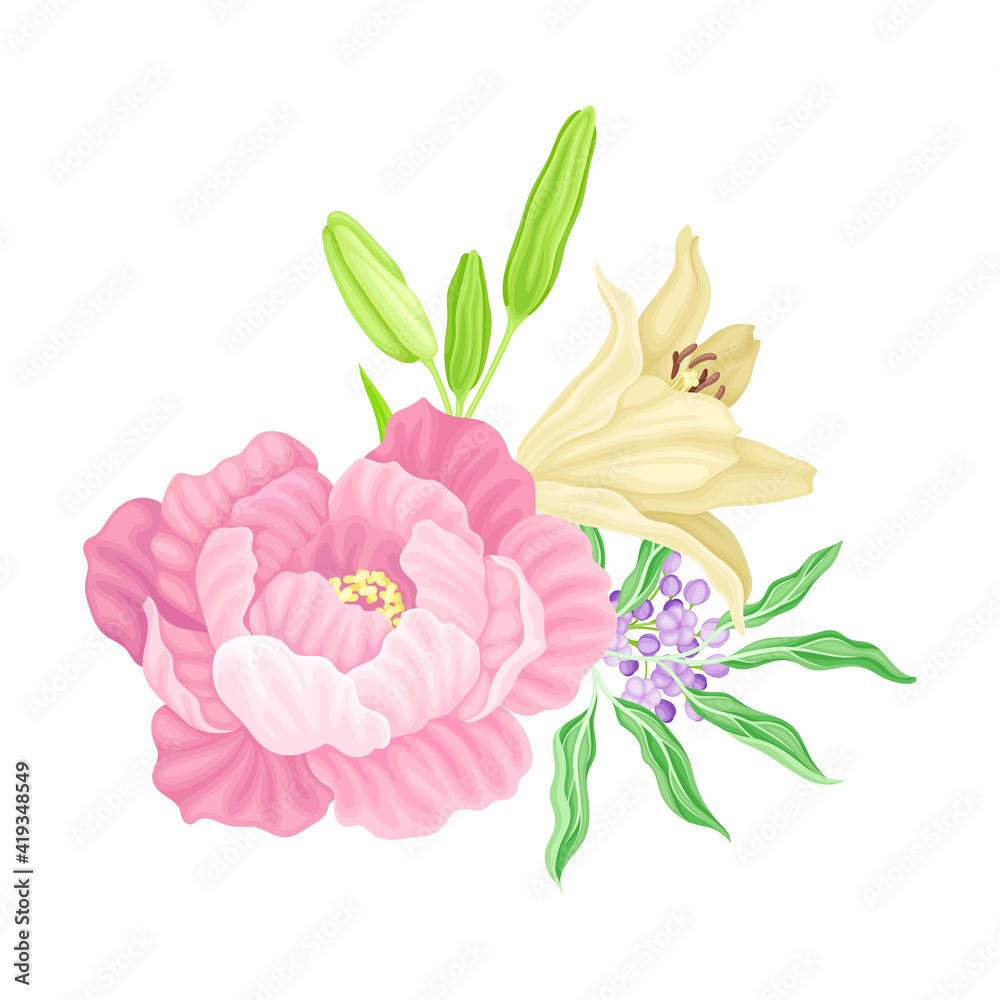 Fototapeta premium Large Purple Peony Flower Arranged with Garden Flora Vector Illustration