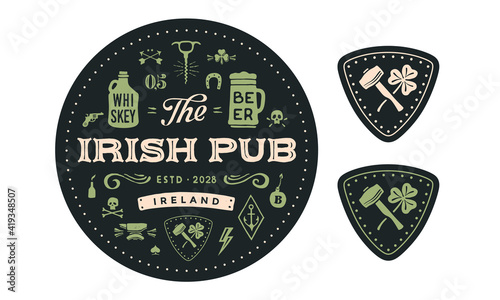 Coaster. Circle coaster, text Irish Pub, Beer, Whiskey. Vintage drawing for bar, pub, beer and whiskey themes. Black circle coaster for placing a beer mug or whiskey glass. Vector Illustration