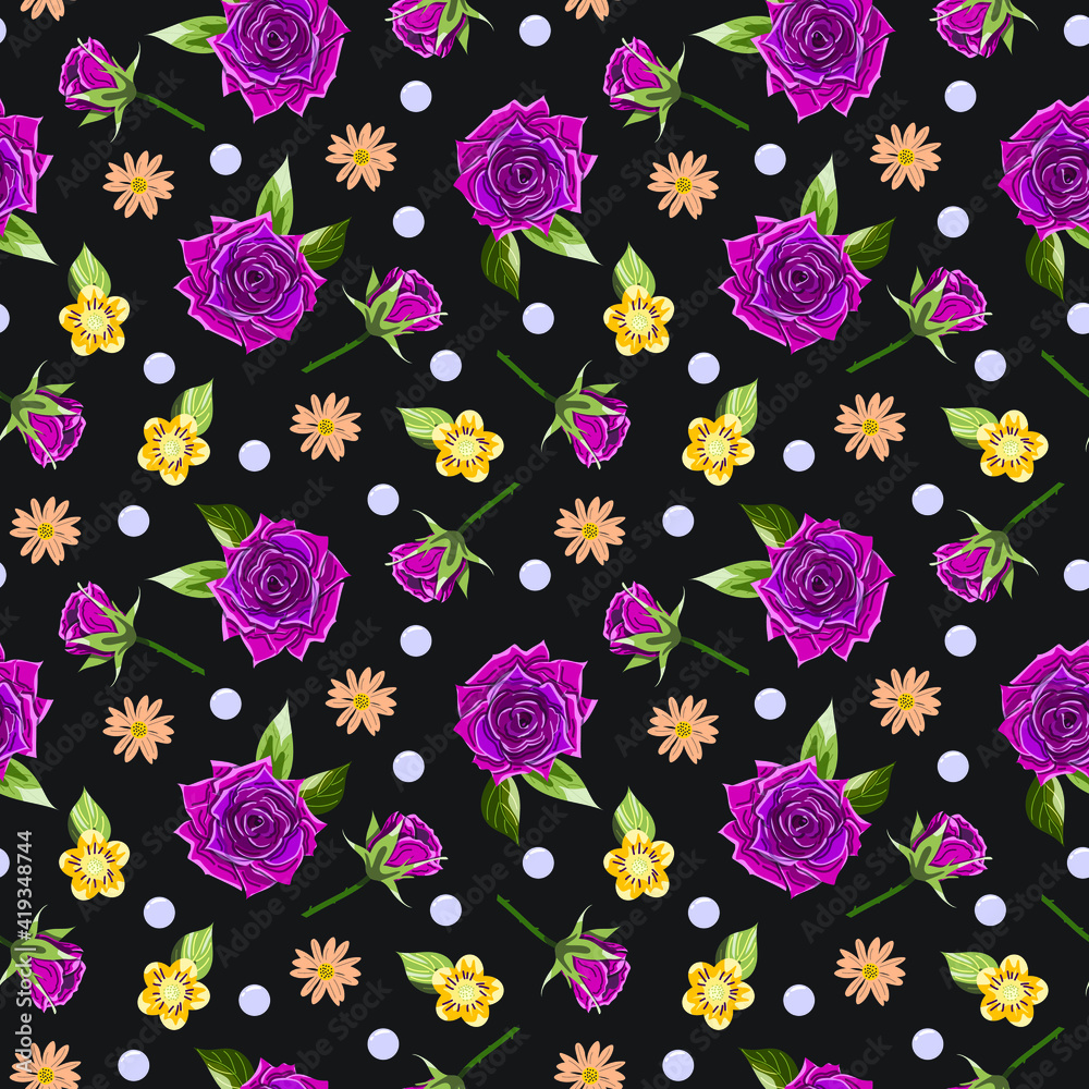 Beautiful seamless pattern with roses and summer flowers. For textile, wrapping paper, wallpaper, packaging. Vector template. 