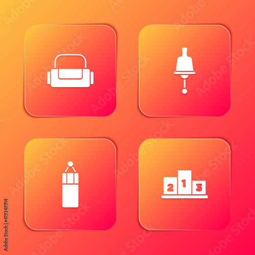 Set Sport bag, Ringing bell, Punching and Award over sports winner podium icon. Vector.