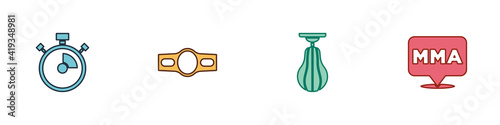 Set Stopwatch, Boxing belt, Punching bag and Fight club MMA icon. Vector.