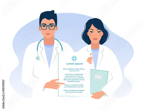 Male and female doctors with stethoscope, holding clipboard with medical information, announcement. Vector illustration.