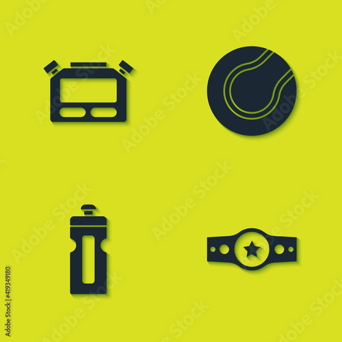Set Stopwatch, Boxing belt, Fitness shaker and Tennis ball icon. Vector.