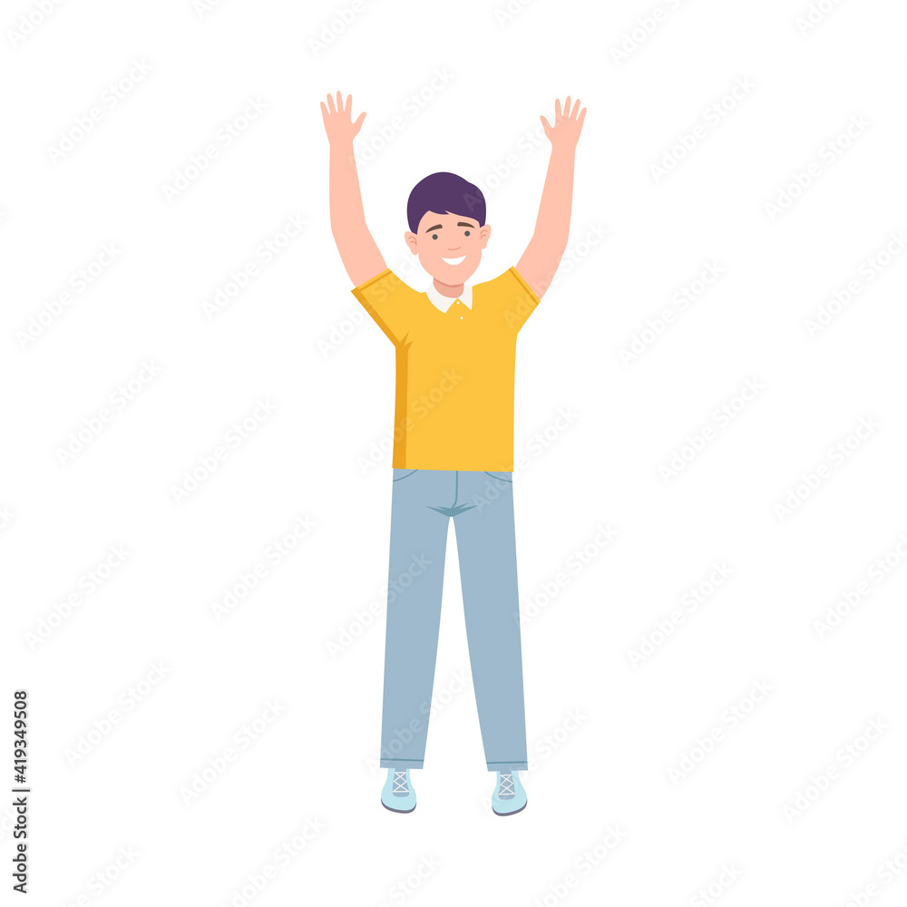 Excited Man Up with Hands Cheering About Something Vector Illustration Excited Man Up with Hands Cheering About Something Vector Illustration