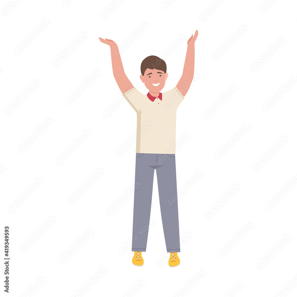 Excited Man Up with Hands Cheering About Something Vector Illustration Excited Man Up with Hands Cheering About Something Vector Illustration
