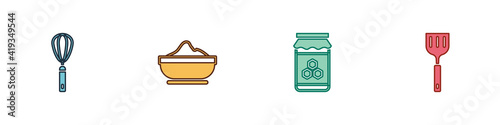 Set Kitchen whisk, Flour bowl, Jar of honey and Spatula icon. Vector.
