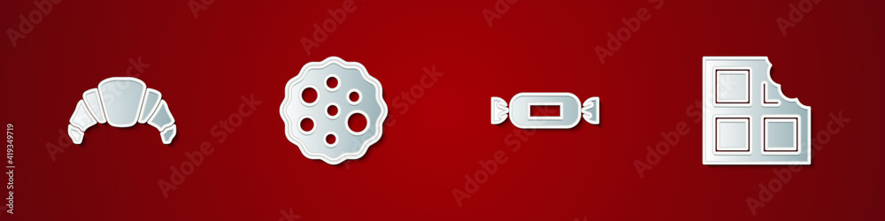 Set Croissant, Cookie or biscuit, Candy and Chocolate bar icon. Vector. Set Croissant, Cookie or biscuit, Candy and Chocolate bar icon. Vector.