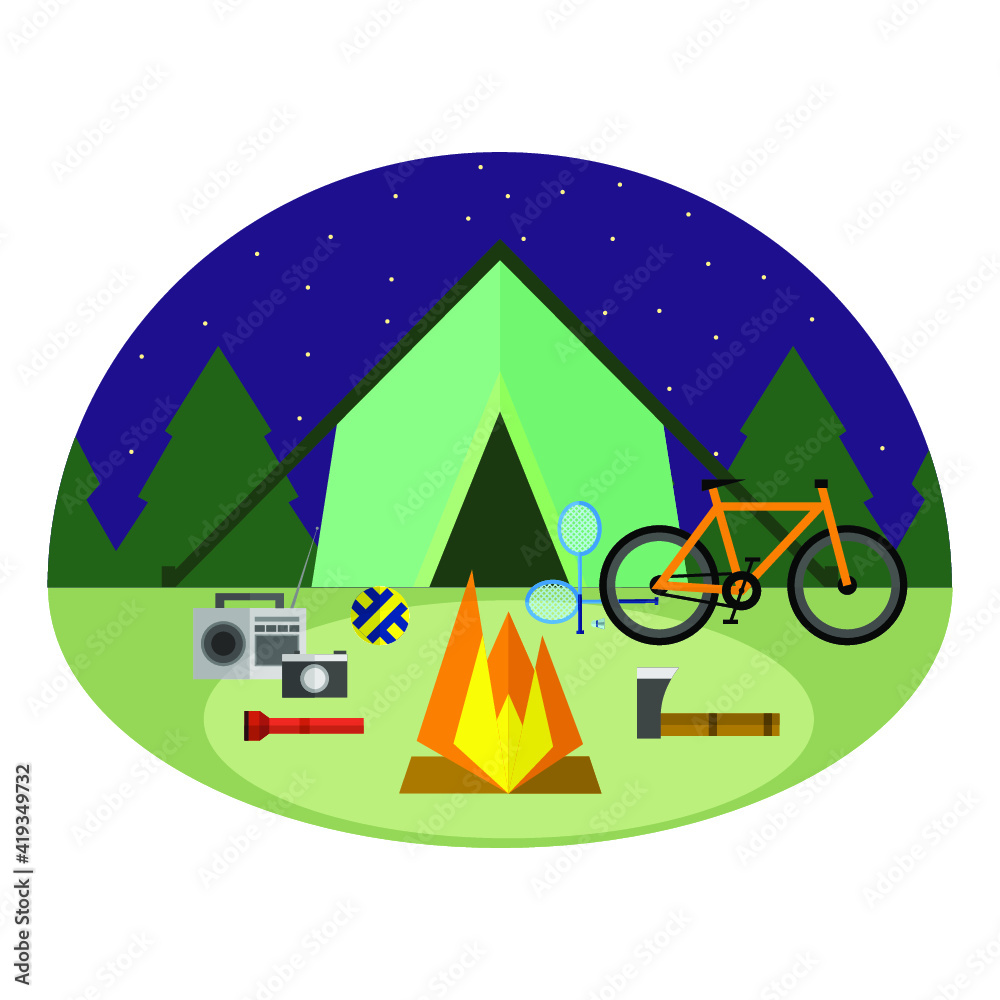 Vector illustration of camping and active leisure on white background. Camping, hike, trekking and crusade in forest.