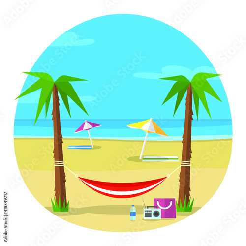 Vector illustration of beach on seashore with sun beach umbrellas, sea shore, hammock, beach bag, palm trees, radio and towels.	