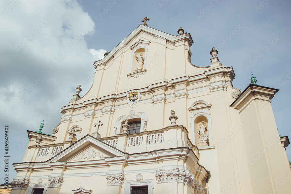 Cathedral Basilica of Assumption of the Blessed Virgin Mary and St. John the Baptist in Przemysl, Poland. Beautiful facade of a Roman Catholic cathedral located at the Cathedral Square in the Old Town