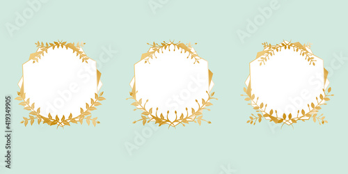 Set of gold leaves frames. Gold luxury frames for wedding, birthday and anniversary design. invitation, greeting, card. illustration vector. ゴールドフレームイラスト、結婚式、誕生日、記念日、招待状デザイン、招待状イラスト