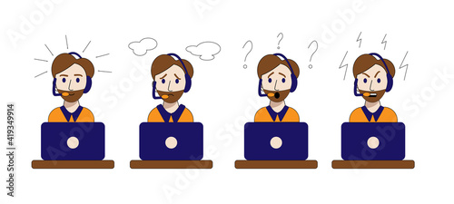 Blogger podcaster streaming. emotions of a young call center operator.  Joy, sad, angry, surprise. man with a beard sits at a laptop with headphones, microphone. Vector flat style cartoon illustration