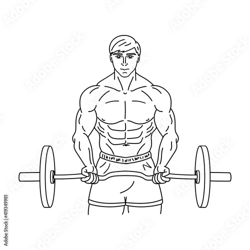 Muscle man with barbell. Bodybuilder outline silhouette or sketch. Gym, workout, fitness, powerlifting concept. Vector illustration.