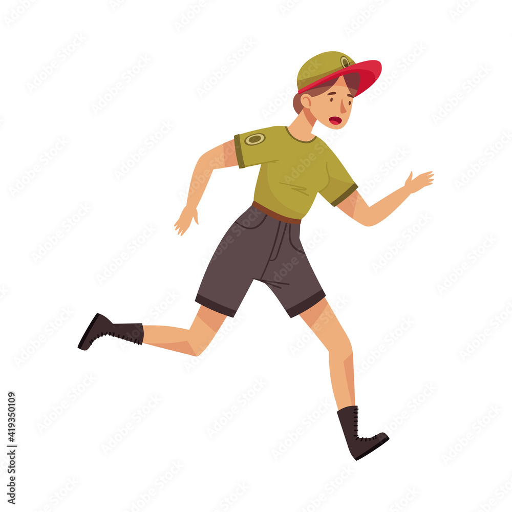 Woman Park Ranger in Khaki Cap and Shorts Running Protecting and Preserving National Parkland Vector Illustration Woman Park Ranger in Khaki Cap and Shorts Running Protecting and Preserving National Parkland Vector Illustration