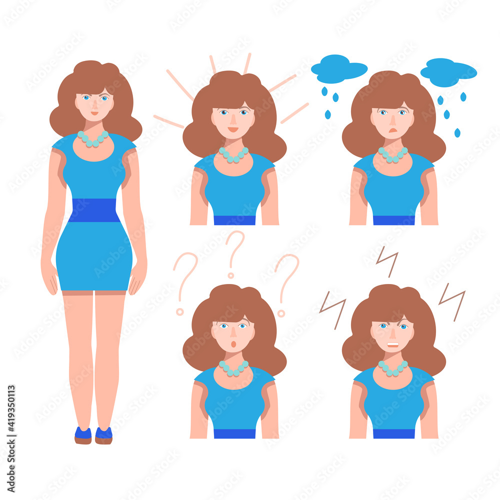 Vector character-a pretty woman. Set of emotions of a girl. Joy, sadness, anger, surprise. Change of mood. Emotional avatars are isolated on a white. Flat vector illustration in cartoon style. Vector character-a pretty woman. Set of emotions of a girl. Joy, sadness, anger, surprise. Change of mood. Emotional avatars are isolated on a white. Flat vector illustration in cartoon style.