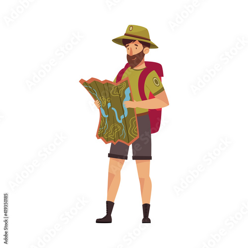 Bearded Male Park Ranger in Khaki Hat and Shorts Examining Map of Local Area Vector Illustration