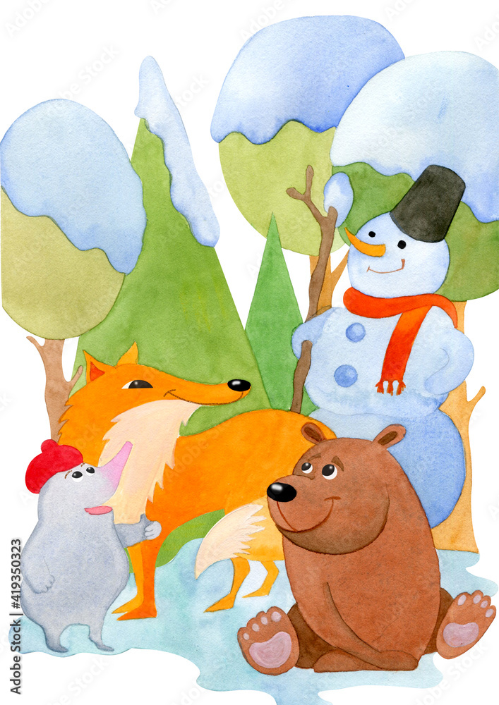 Obraz premium Watercolor cute cartoon snowman in the company of a fox, a mole and a bear on a background of winter trees. Kid's hand drawn illustration isolated on white background. Christmas illustrations 