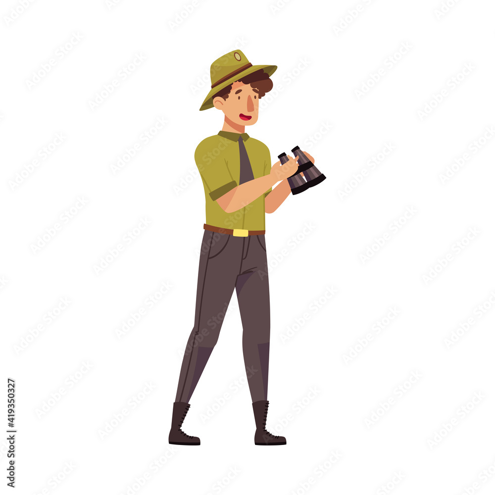 Male as Park Ranger in Khaki Hat and Shirt Watching in Binocular Protecting and Preserving National Parkland Vector Illustration