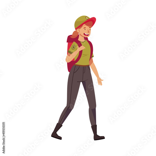 Redhead Woman as Park Ranger in Khaki Cap Walking Carrying Backpack Protecting and Preserving National Parkland Vector Illustration