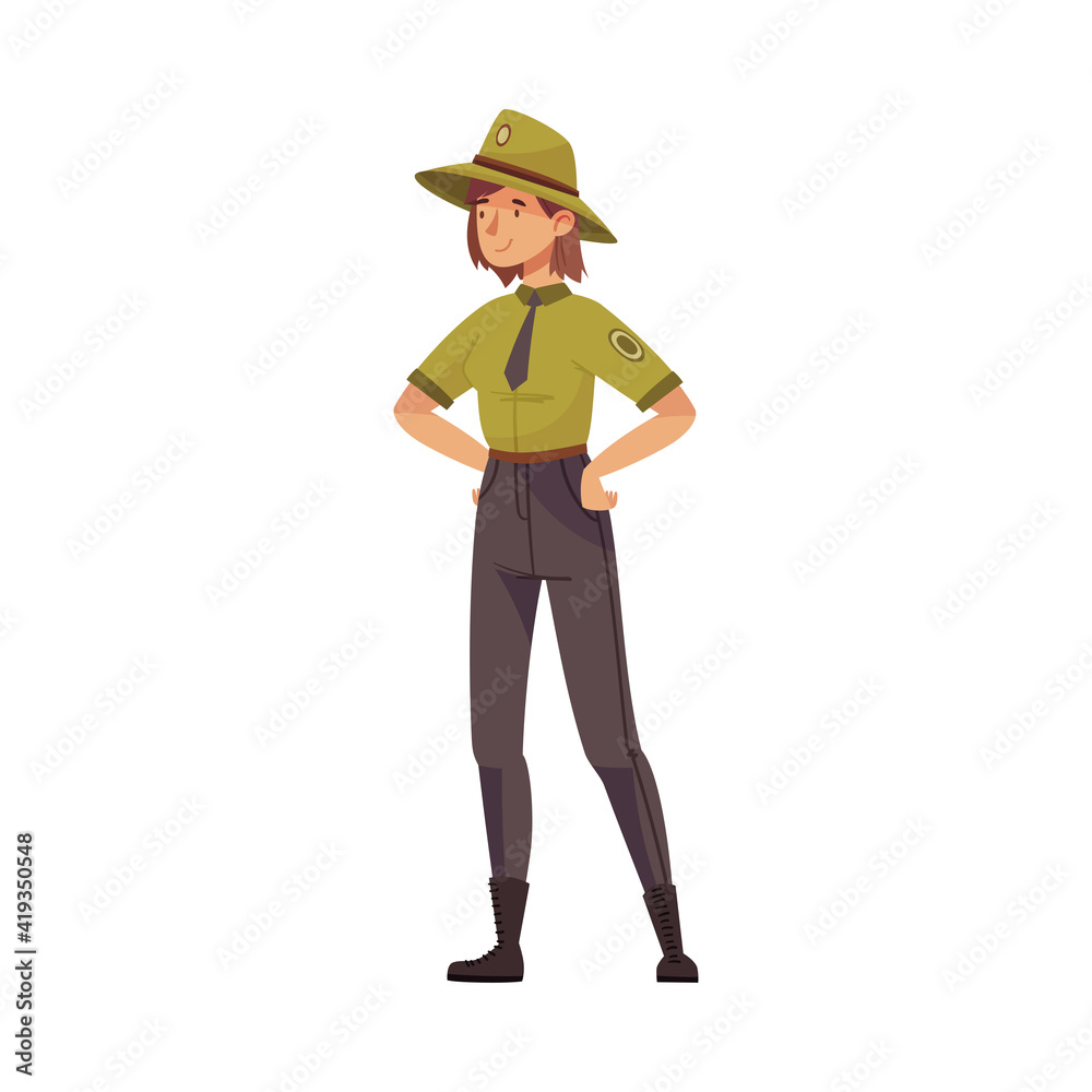 Woman as Park Ranger in Khaki Hat and Shirt Protecting and Preserving National Parkland Vector Illustration