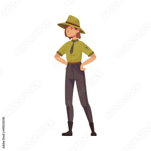 Woman as Park Ranger in Khaki Hat and Shirt Protecting and Preserving National Parkland Vector Illustration