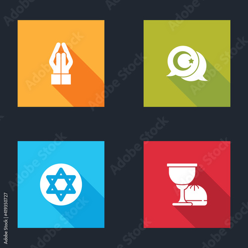 Set Hands in praying position, Star crescent, of David and Holy grail or chalice icon. Vector.