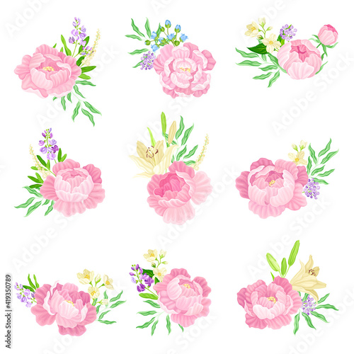 Fototapeta Naklejka Na Ścianę i Meble -  Floral Bouquet of Peonies and Garden Flowers Vector Set