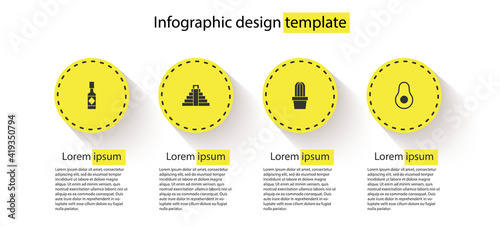 Set Tabasco sauce, Chichen Itza in Mayan, Cactus or succulent pot and Avocado fruit. Business infographic template. Vector.