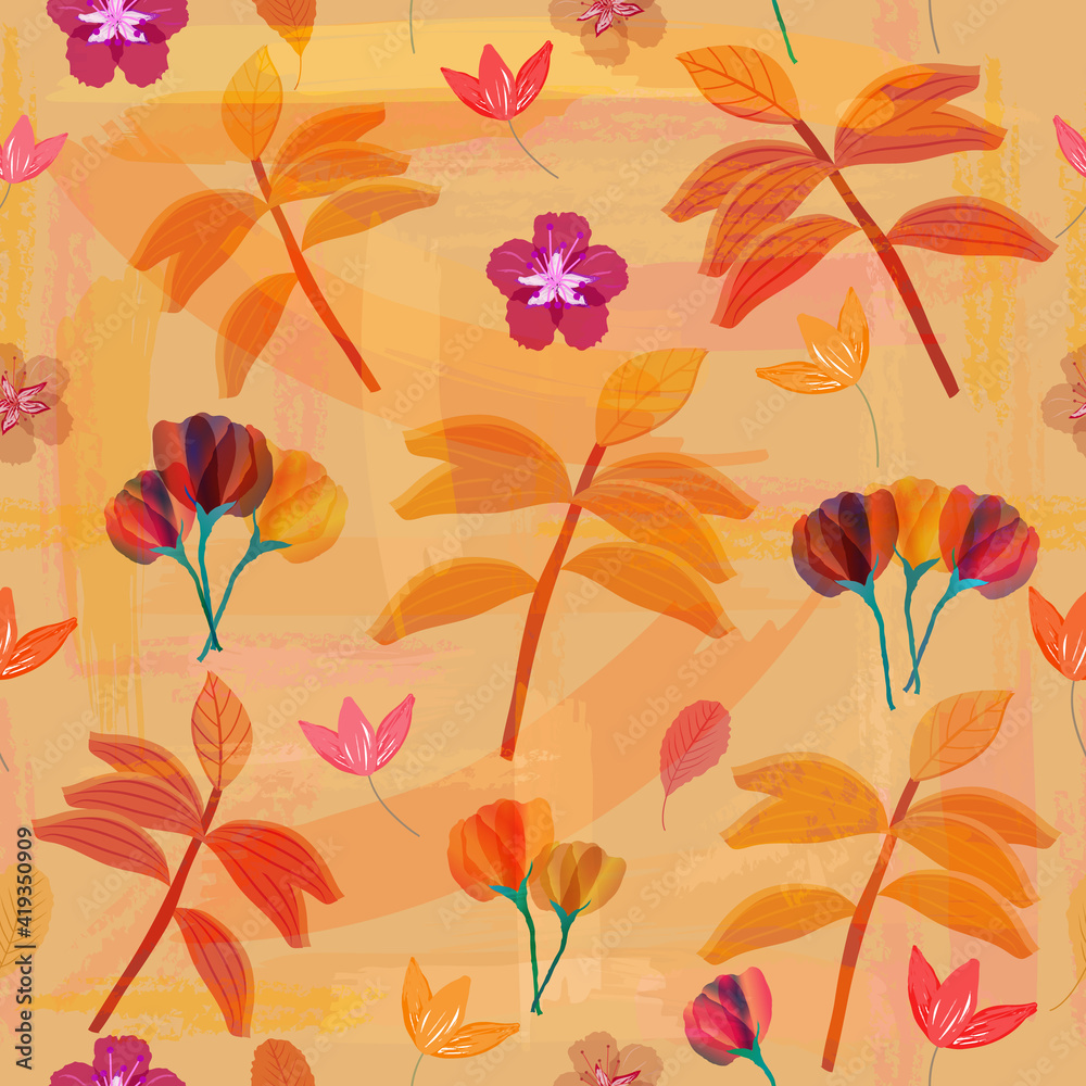 Vector Autumn, Fall Seamless Pattern in Orange, Yellow and Neon Colors. Floral Background for Fabrics, Tiles, Wallpaper, Packaging.