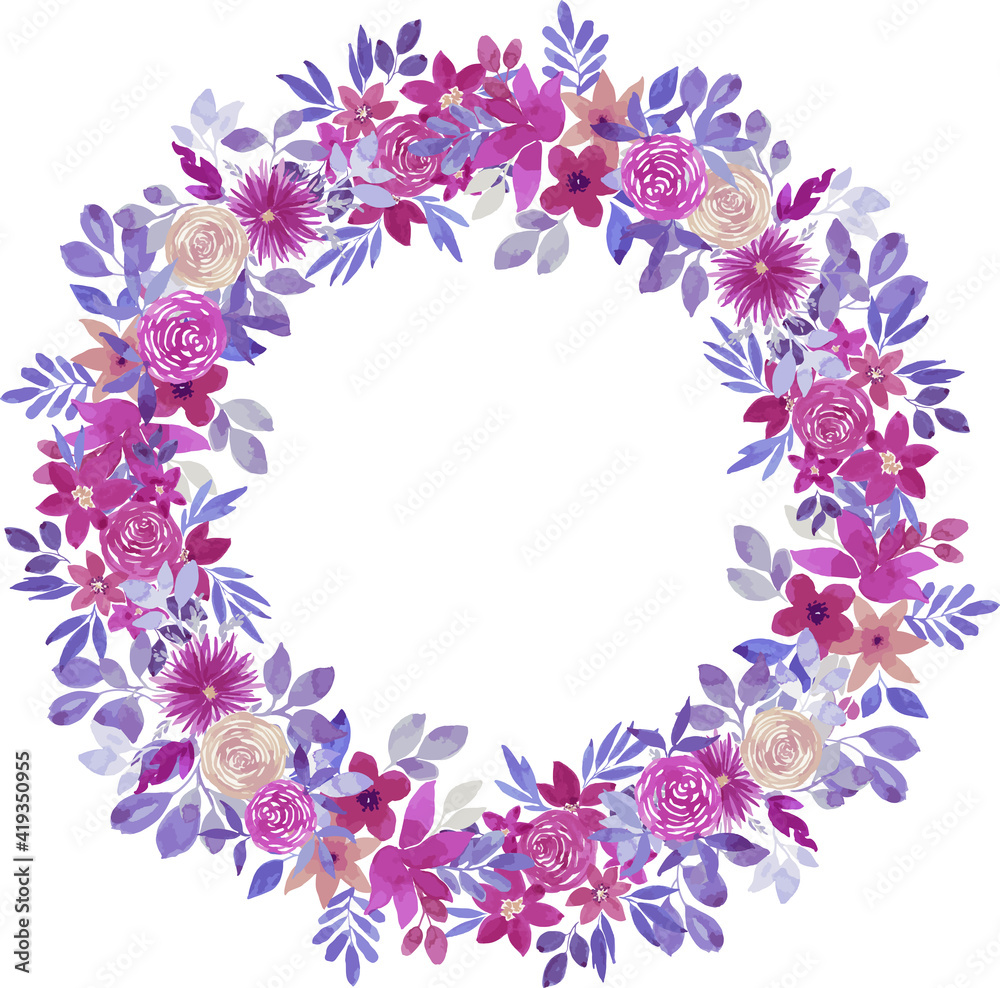 Delicate vector wreath of blooming roses with petals and leaves. Watercolor lush bloom for design, greeting cards, invitations, wedding cards, stickers, printing