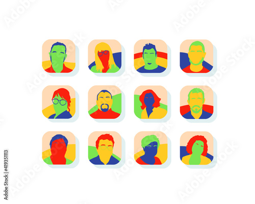 collection d'icônes vectorielles de visages d'hommes et de femmes dans un style logo en six couleurs