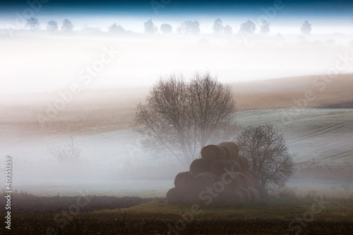 jesienny  mglisty świt  z belami siana photo