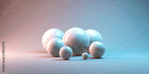 3d render of several sized reflected spheres inside a white studio