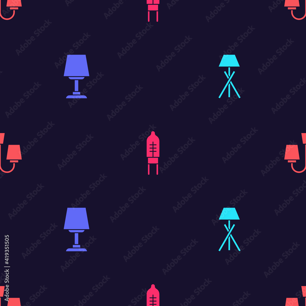 Set Floor lamp, Table, Light emitting diode and Chandelier on seamless pattern. Vector. Set Floor lamp, Table, Light emitting diode and Chandelier on seamless pattern. Vector.