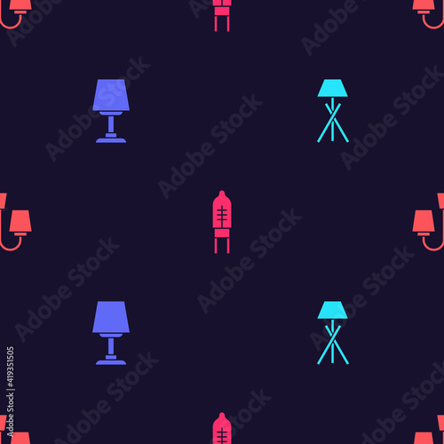 Set Floor lamp, Table, Light emitting diode and Chandelier on seamless pattern. Vector.