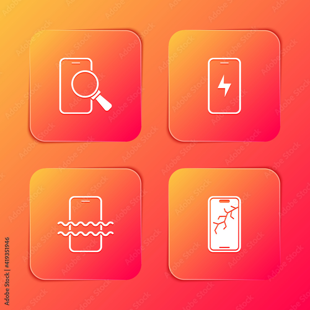 Set Phone repair service, Mobile charging battery, Waterproof phone and with broken screen icon. Vector. Set Phone repair service, Mobile charging battery, Waterproof phone and with broken screen icon. Vector.