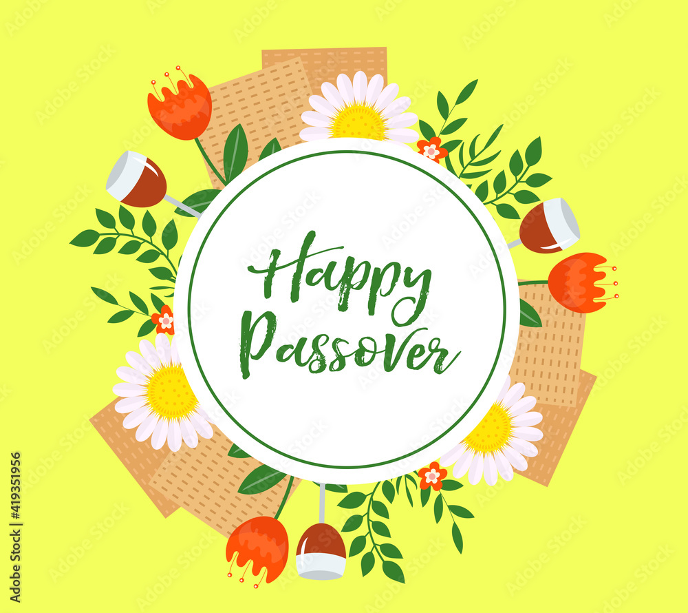 Passover greeting card, poster, invitation, flyer. Pesach template for your design with matzah and spring flowers. Happy Passover inscription. Jewish holiday background. Vector illustration