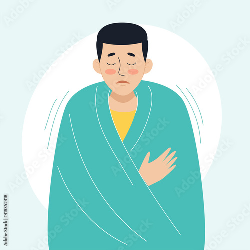 A sick man is wrapped in a warm blanket. The concept of sick people, colds and viral diseases, coronaviras, covid. Illustration in flat style