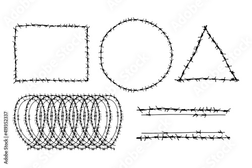 Barbed wire in various shape isolated on white background. Vector illustration